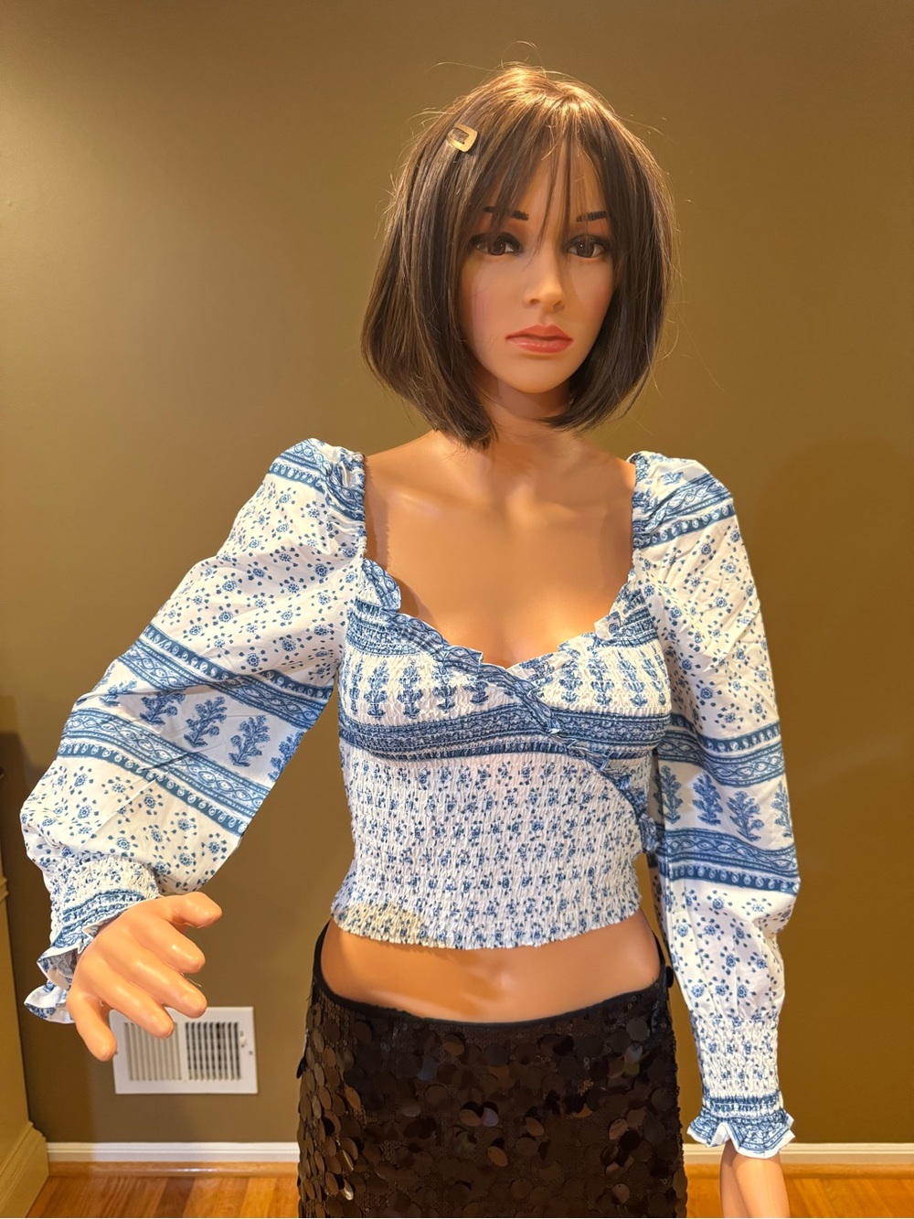 SHEIN Blue & White Smocked Floral Crop Top